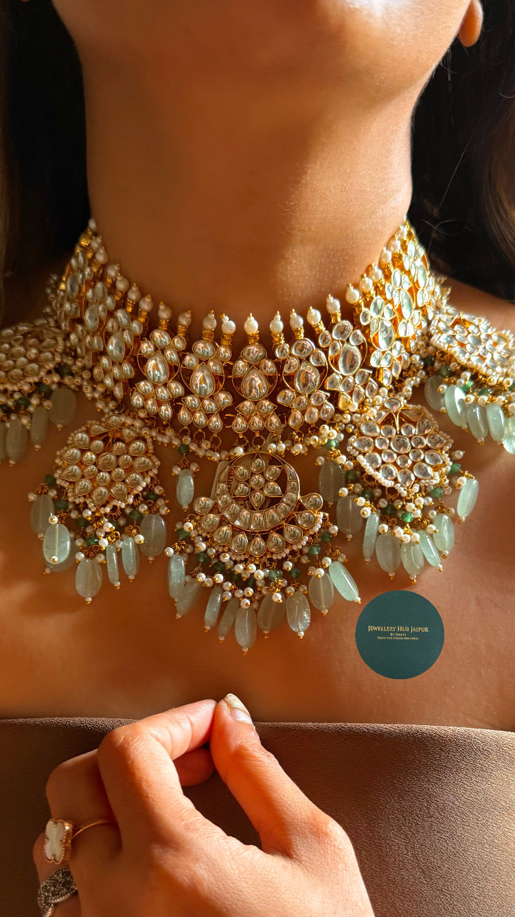 Paachi Heritage Polki paachi kundan with mint drop rajwada set