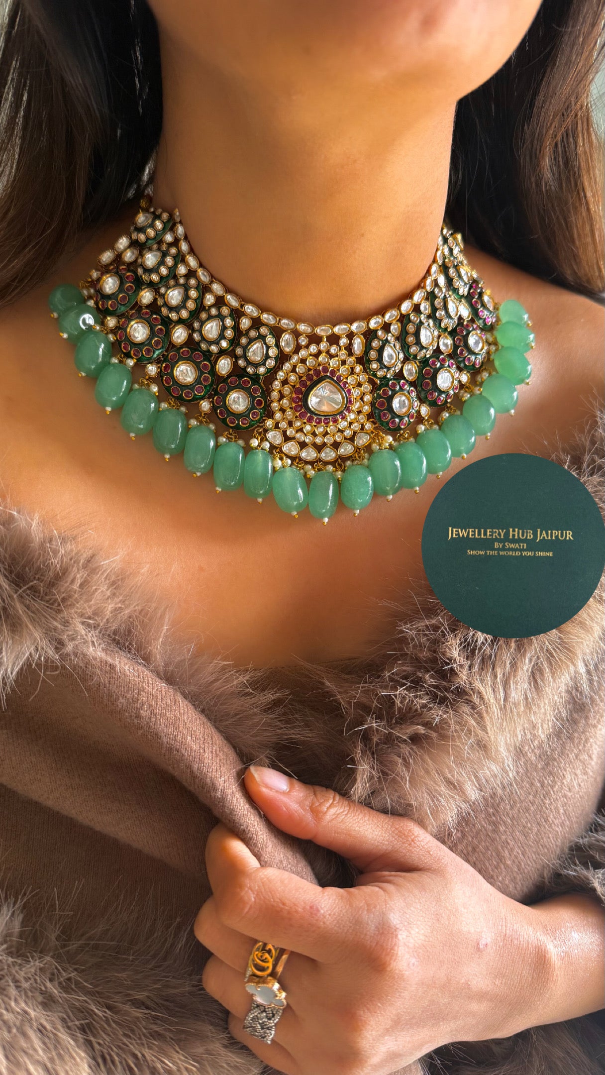 Ruby & emerald meenakari choker with mint drops