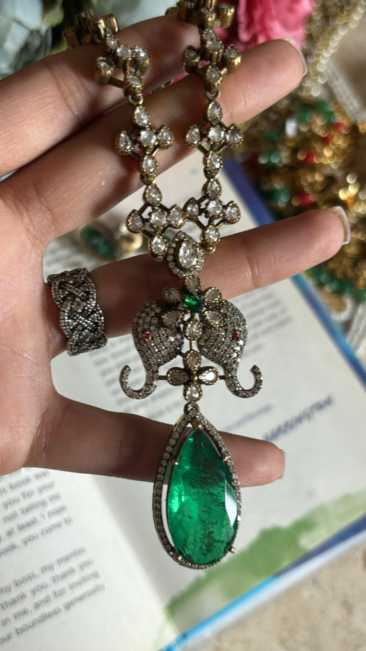 Emerald doublet Victorian necklace with earrings
