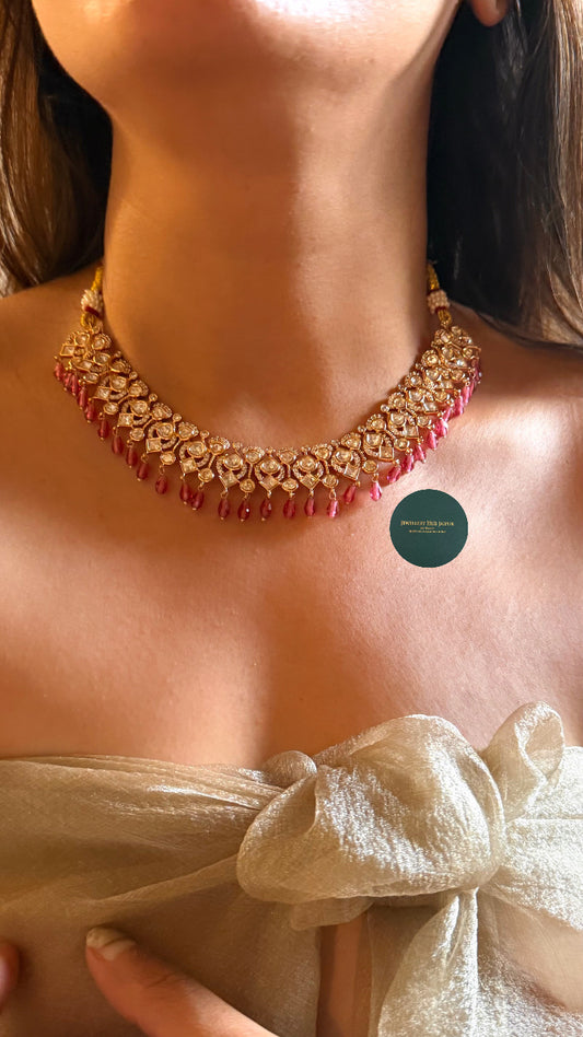 Moissanite polki with rani pink drops collar set
