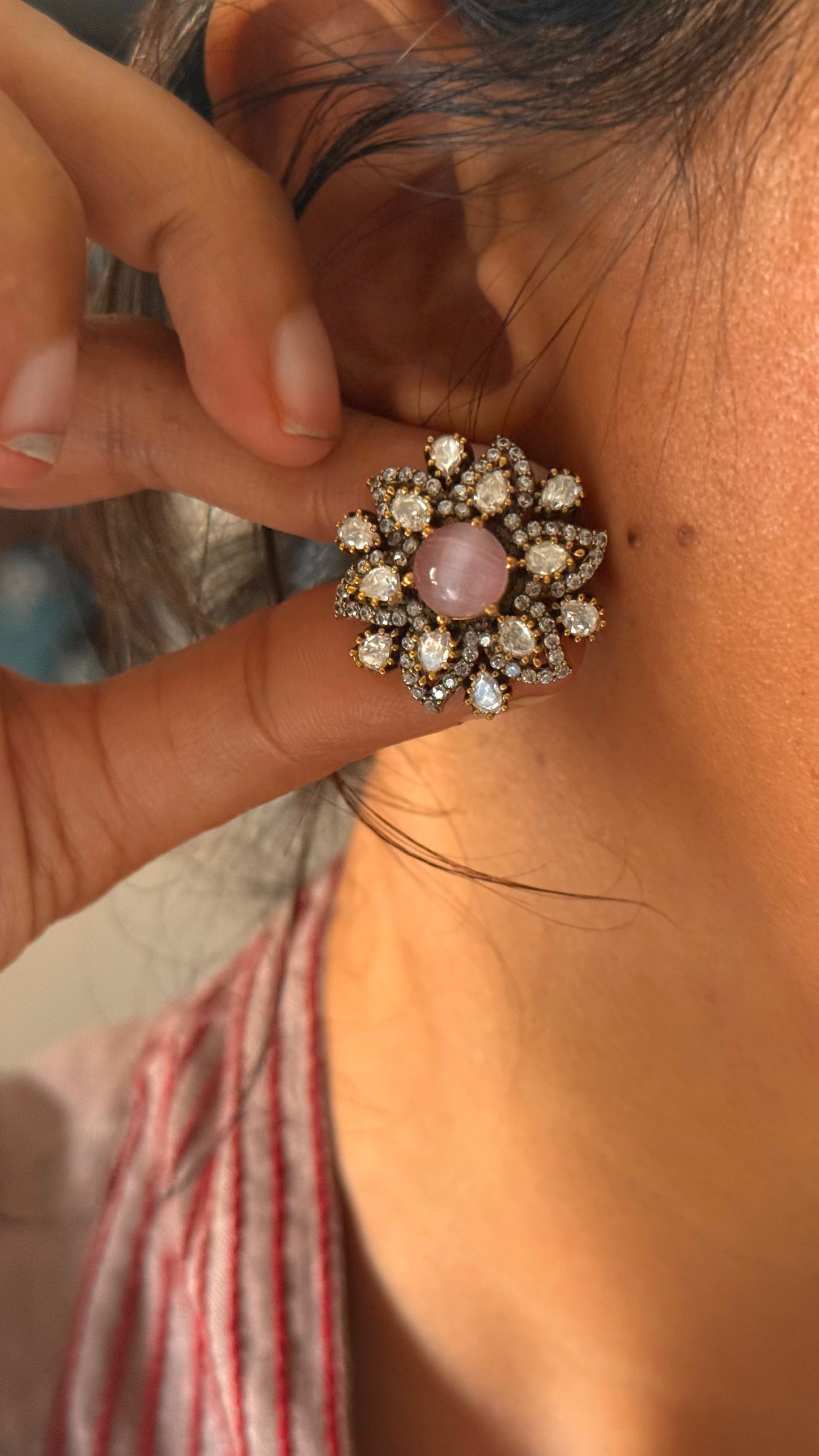 Rose quartz doublet moissanite victorian floral studs