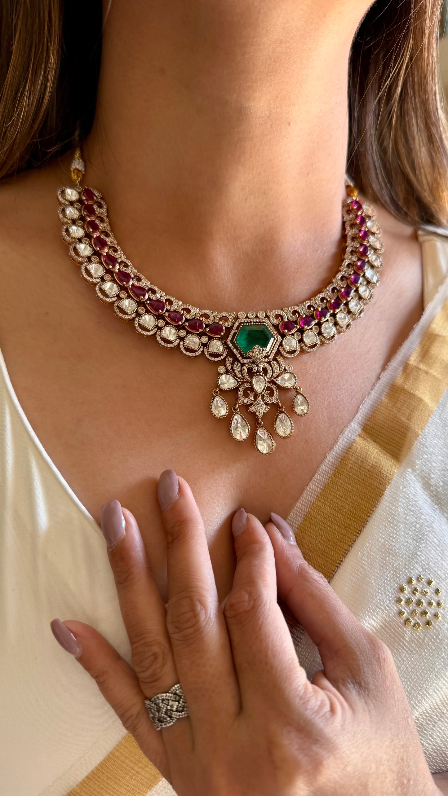Emerald doublet ruby moissanite polki collar necklace