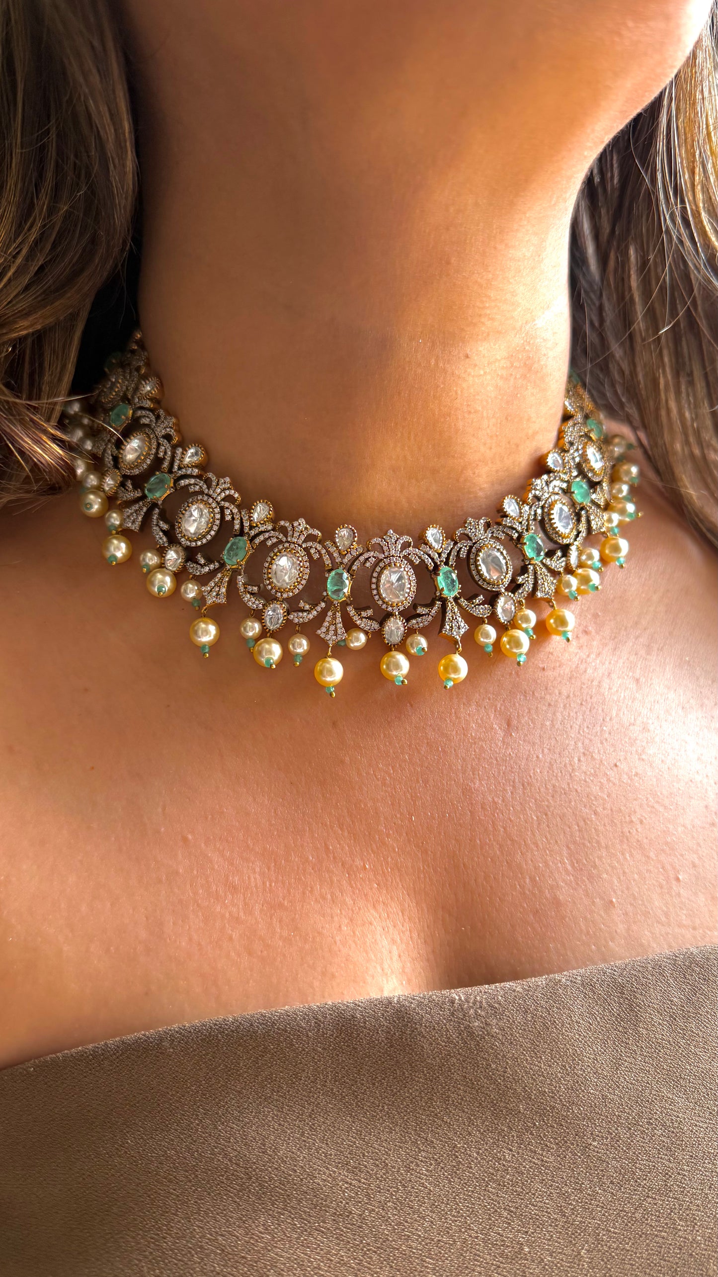 Pritam- Victorian Mint Collar Necklace with pearl detailing