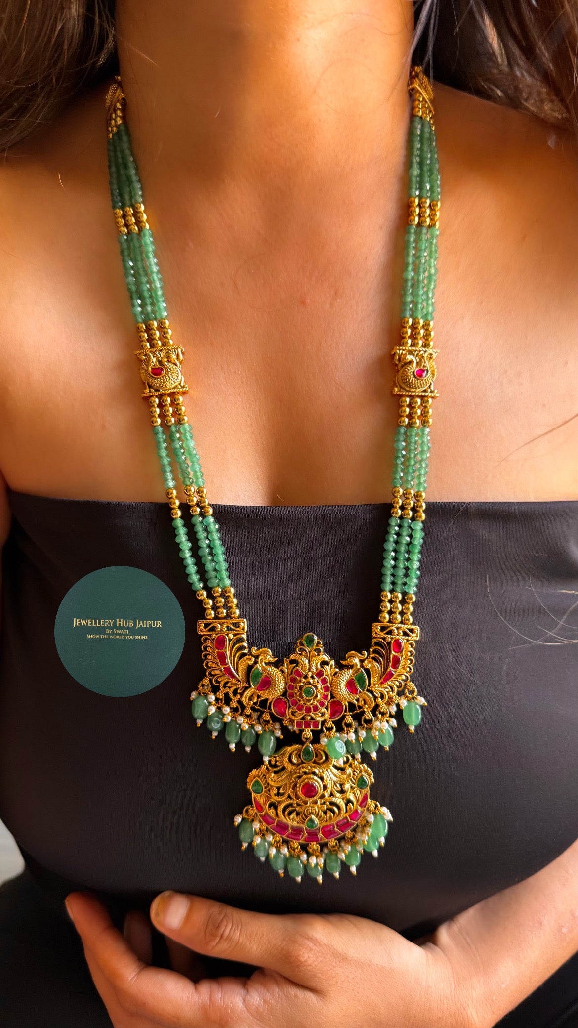 Rani pink & emerald with mint string long necklace set