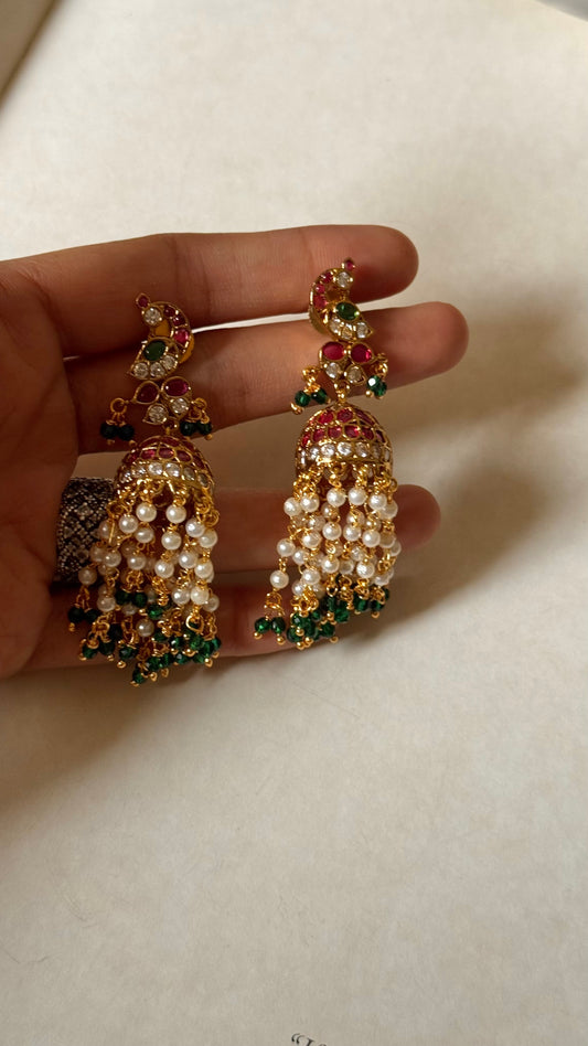 Rani pink & emerald peacock design with pearl drop jhumke