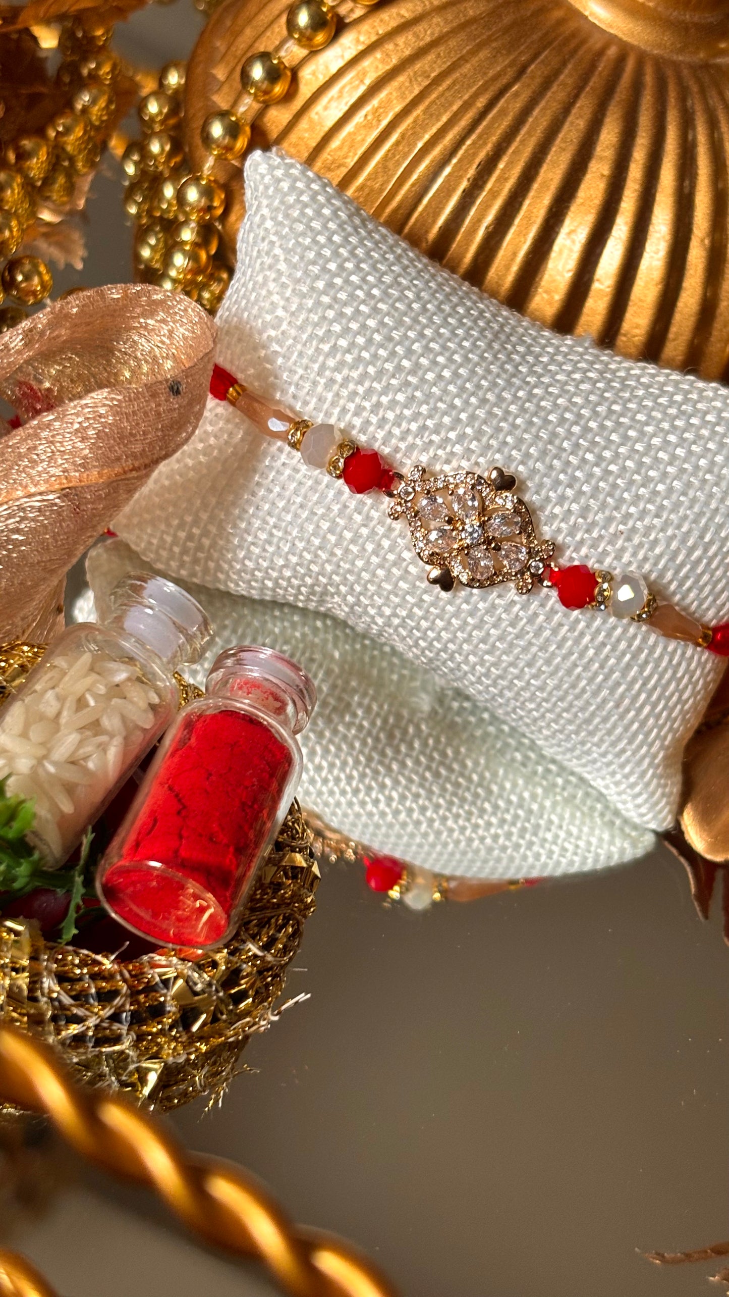 Cz Diamond polki red thread rakhi ( shipping will be extra )
