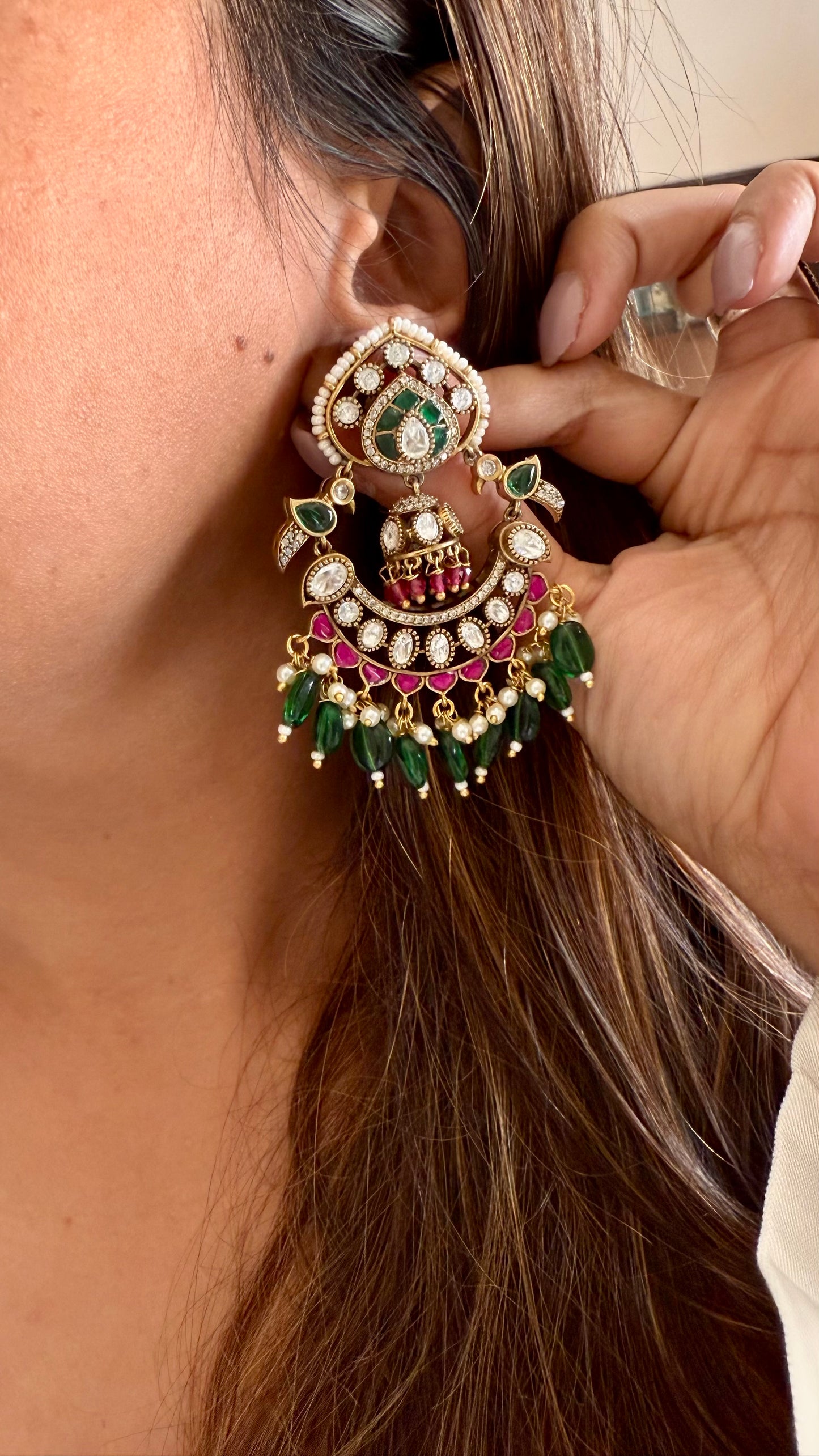 Rani pink & emerald moissanite polki chandbali