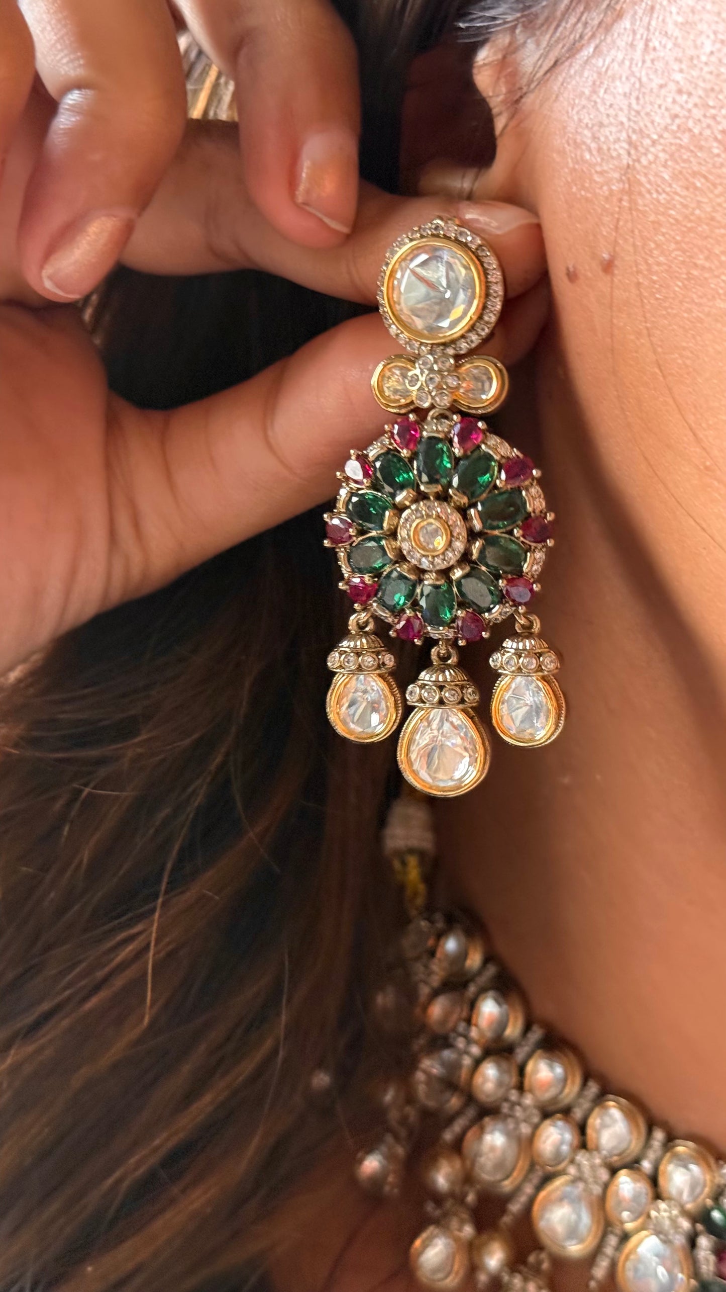 Emerald & rani pink ruby doublet with moissanite polki designer Necklace