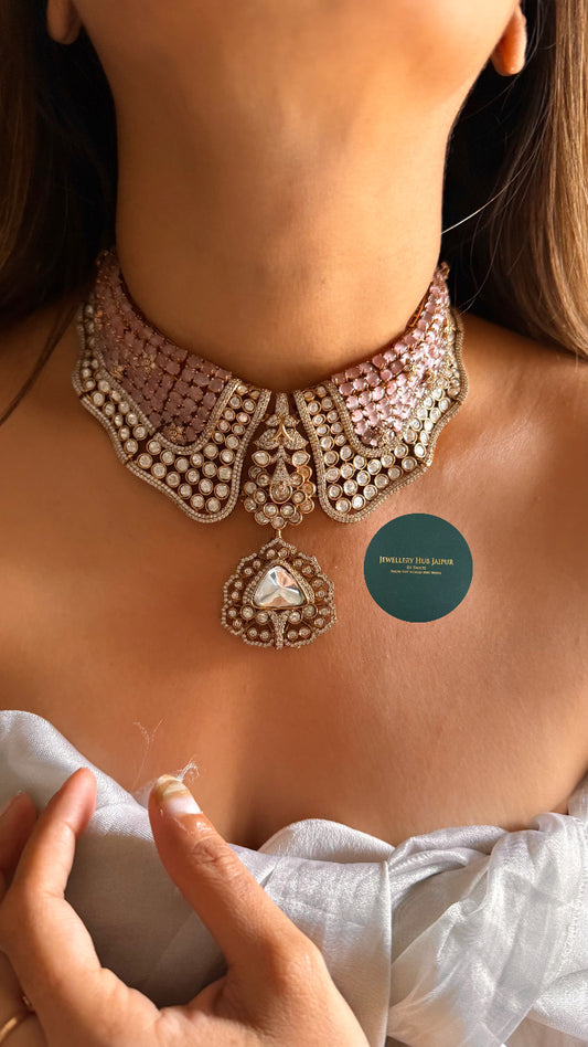 Rose quartz & moissanite polki designer choker set