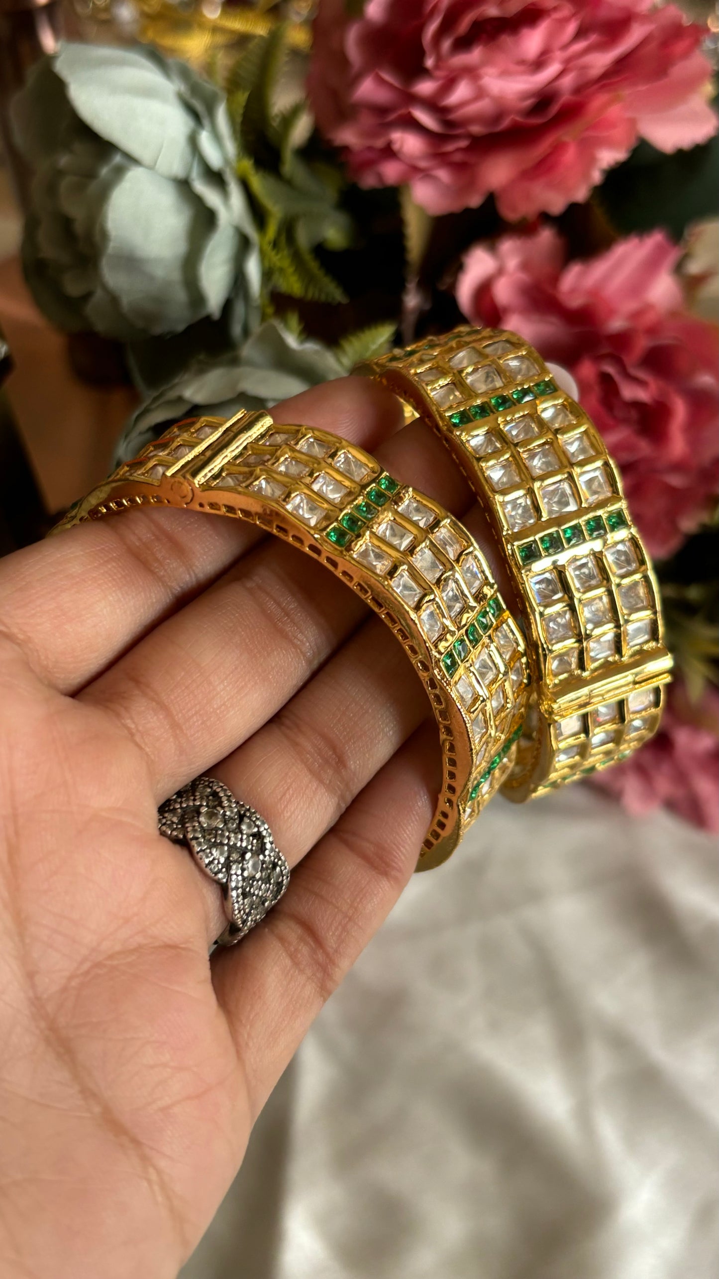 Emerald Moissanite triple line bangles at openable
