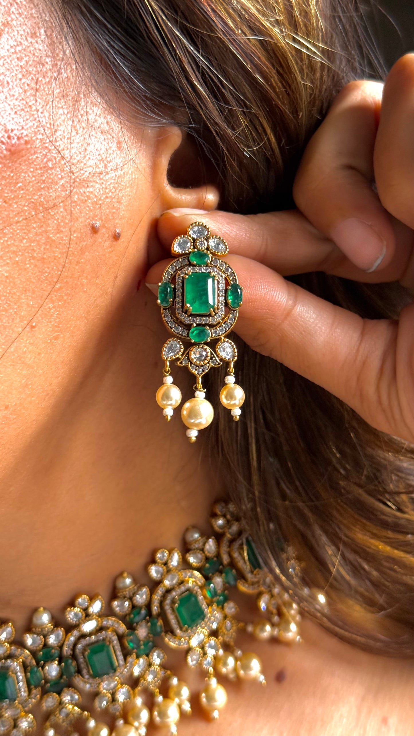Emerald long uncut polki necklace & choker combo