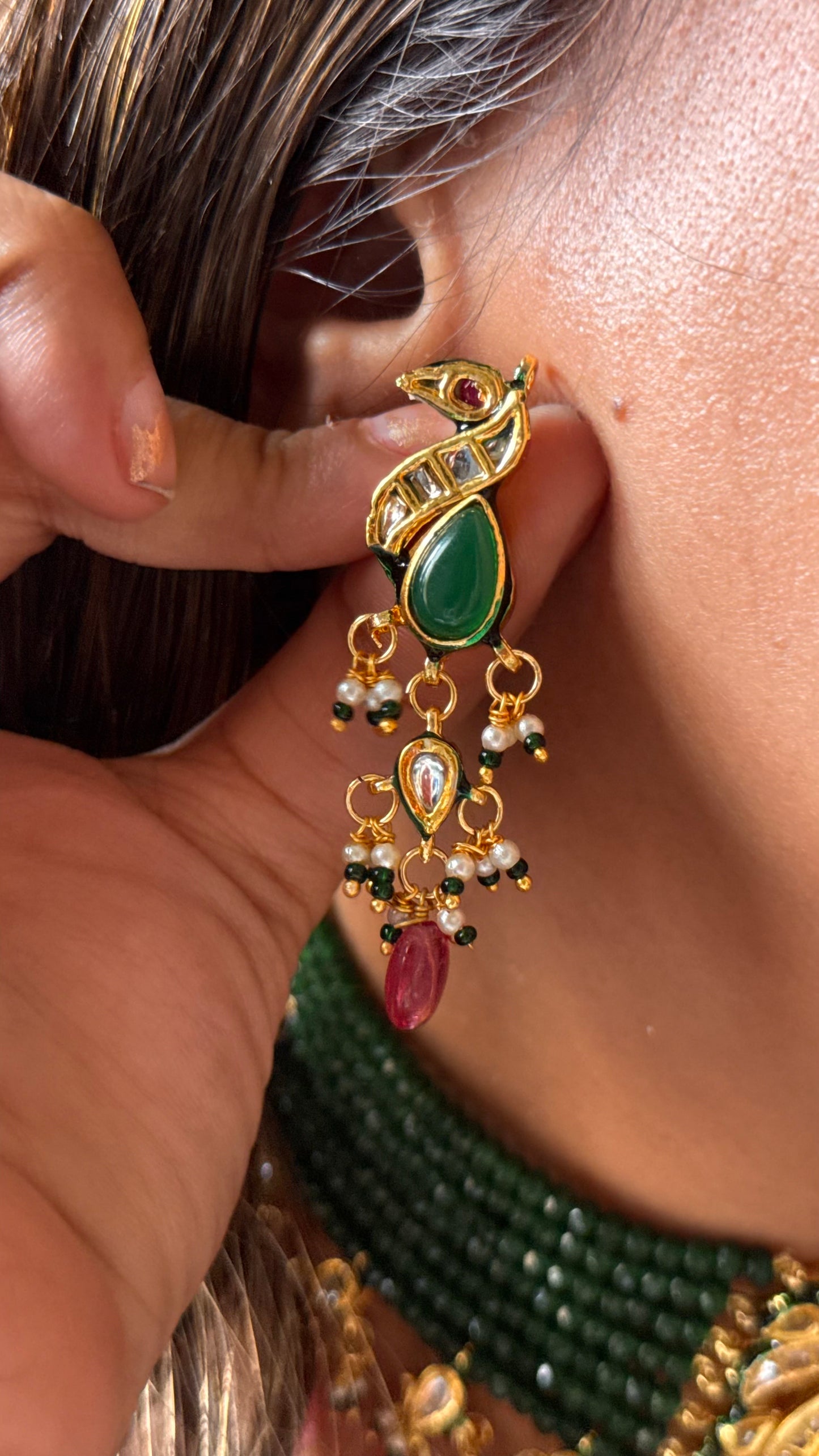 Emerald inlay Meenakari with rose quartz drop choker Necklace
