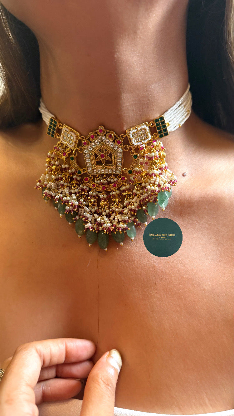 Paachi Royal Rani pink floral & emerald rajwada choker set