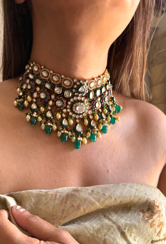 Mamta Emerald meenakari & ruby moissanite polki choker