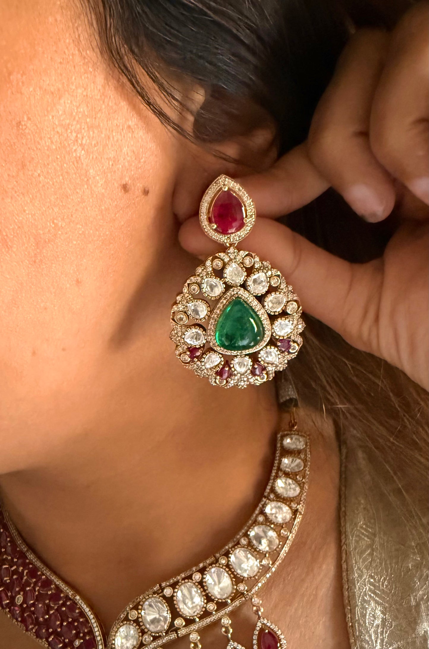 Mohini Emerald doublet & rani pink moissanite polki designer collar necklace