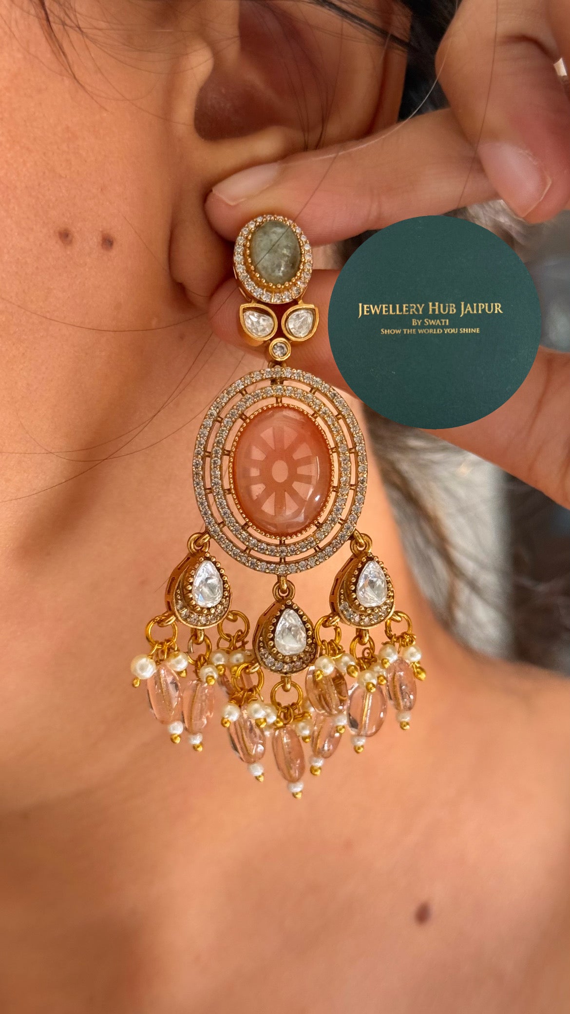 Tangerine doublet & navratna with multicoloured strawberries drop choker set