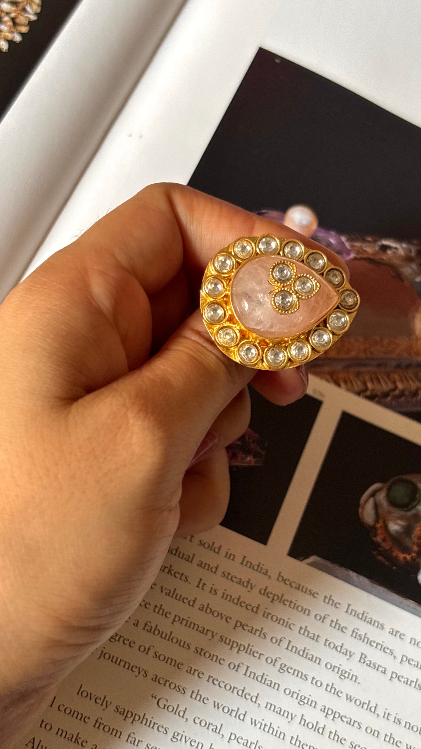 Rose quartz stone carved ring