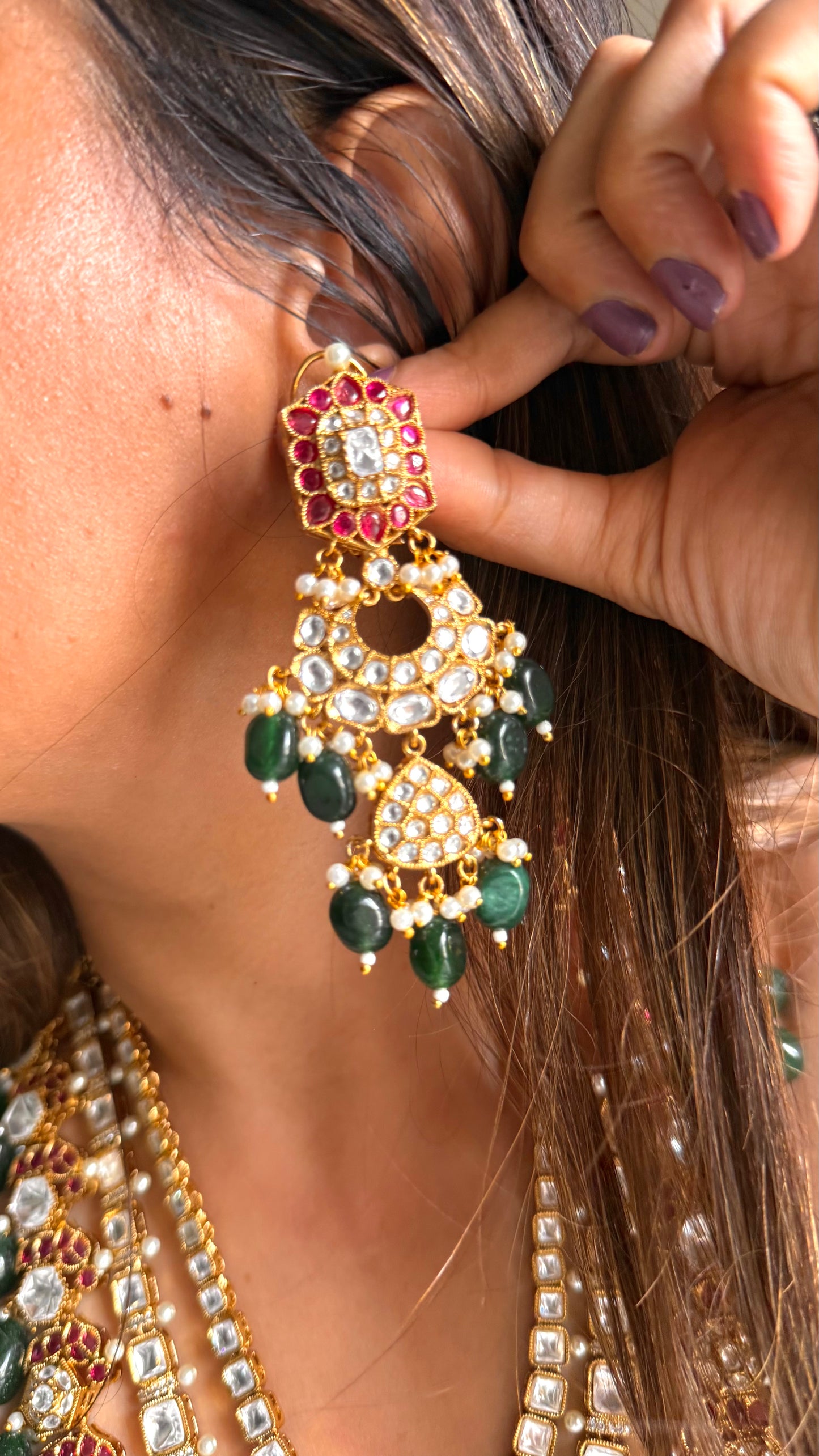Ritu Raj Rani pink moissanite polki with emerald drop maharani haar