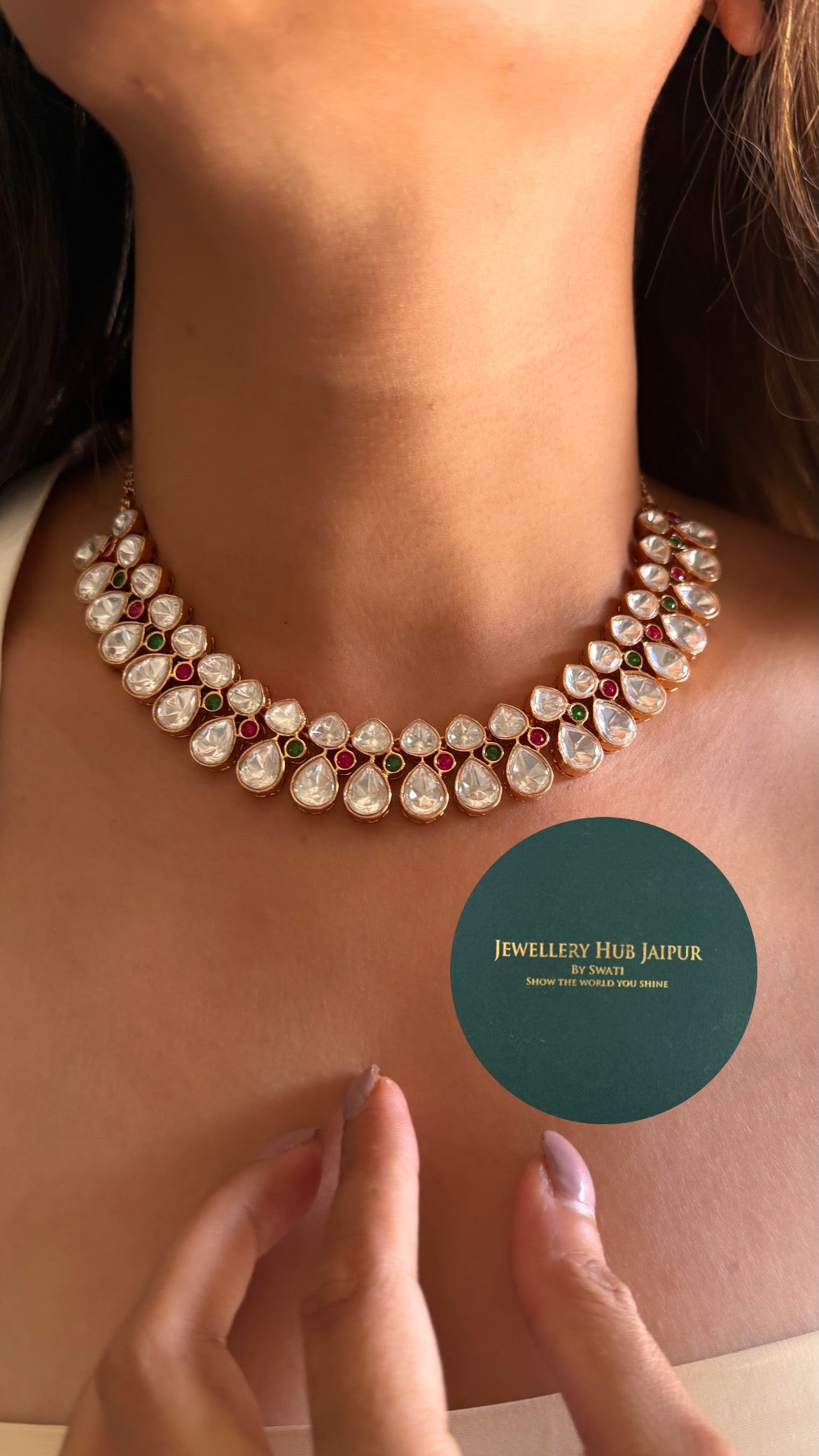 Ruh Moissanite heritage polki emerald ruby necklace with earrings