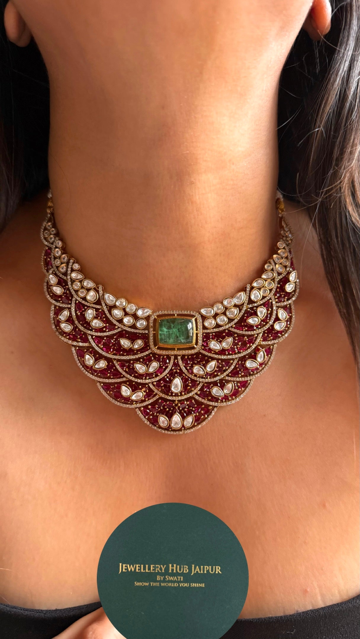 Mint doublet with rani pink feathered designer Necklace