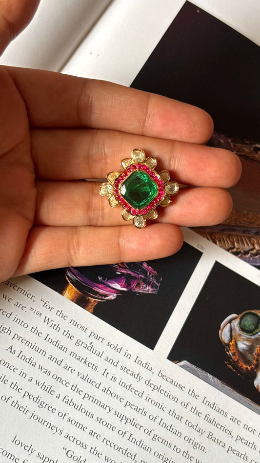 Ruby & emerald doublet peeli polki ring