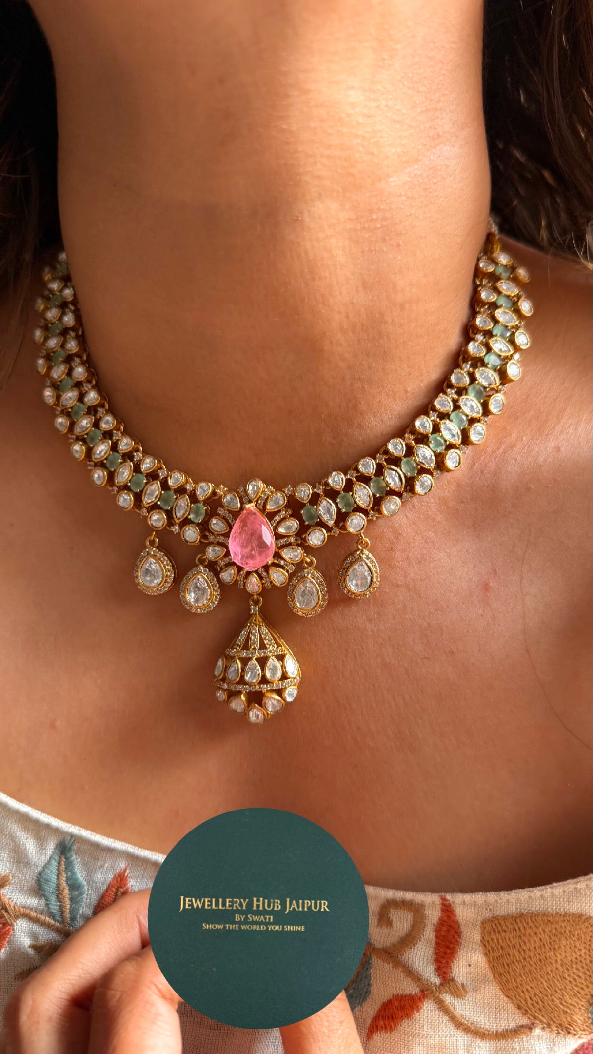 Rose quartz & mint doublets real Moissanite collar necklace