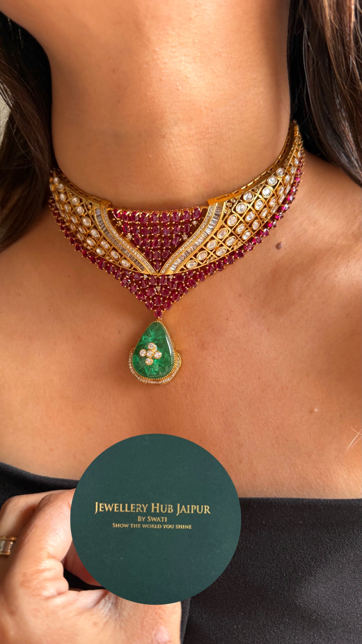 Emerald with Rani pink ruby cocktail necklace