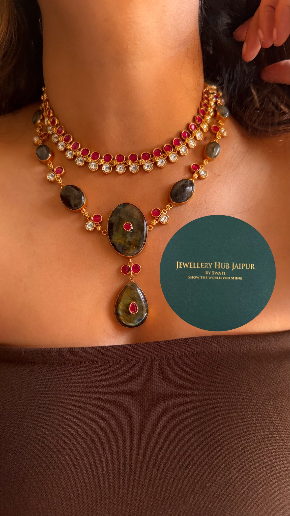 Amrapali inspired Natural stone rani pink moissanite dual layer collar set