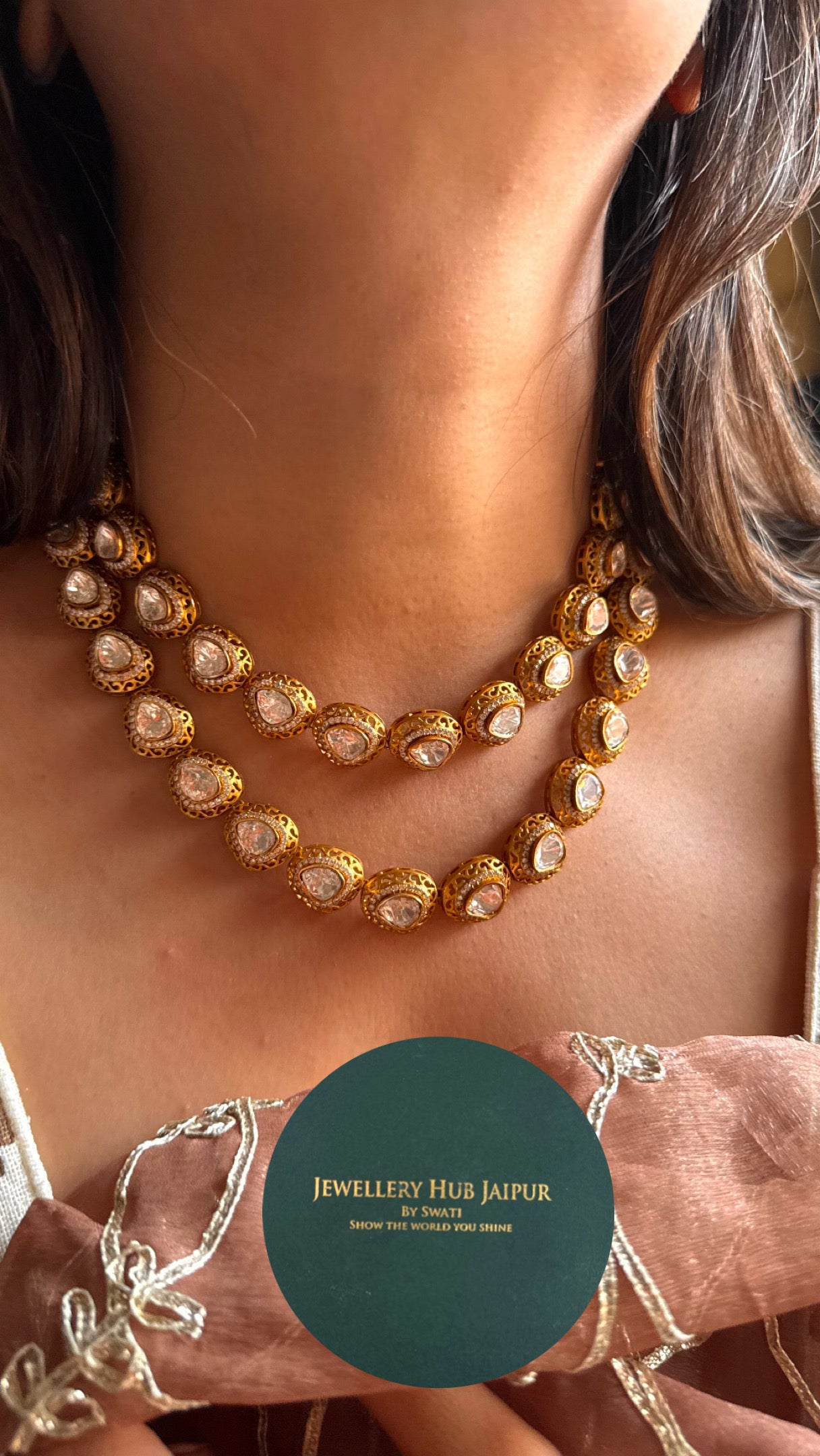 Peeli polki with gold polish dual line collar necklace