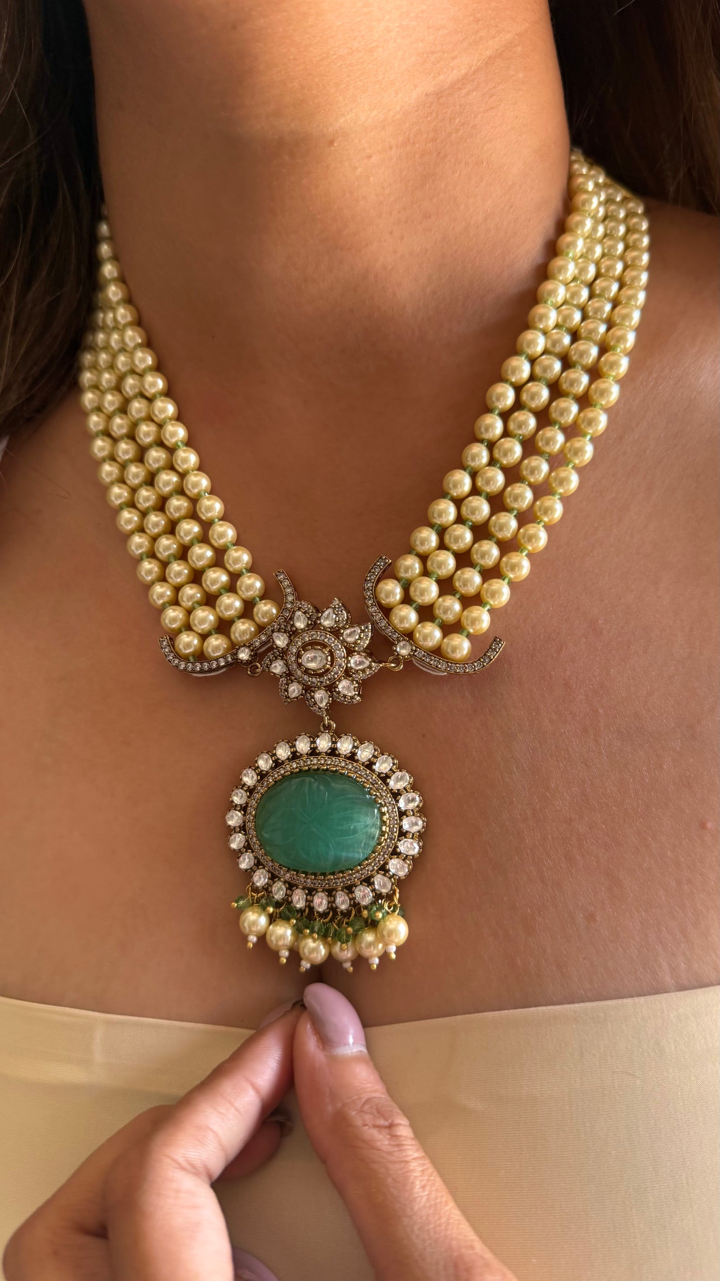 Firoza doublet pearl moissanite mid length necklace