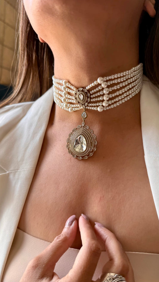 Moissanite polki drop pearl designer choker