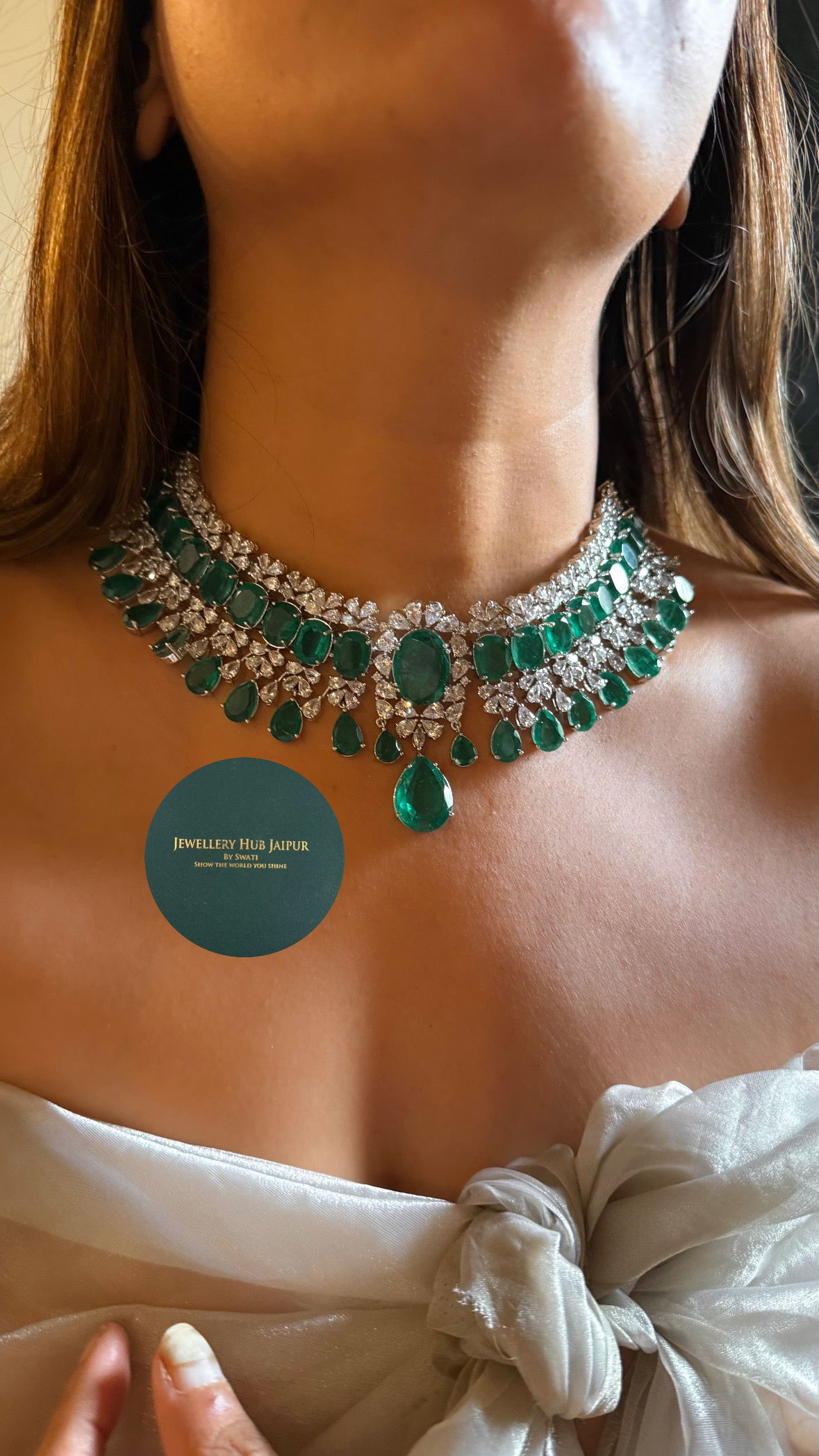 Emerald doublet cz diamond designer choker set