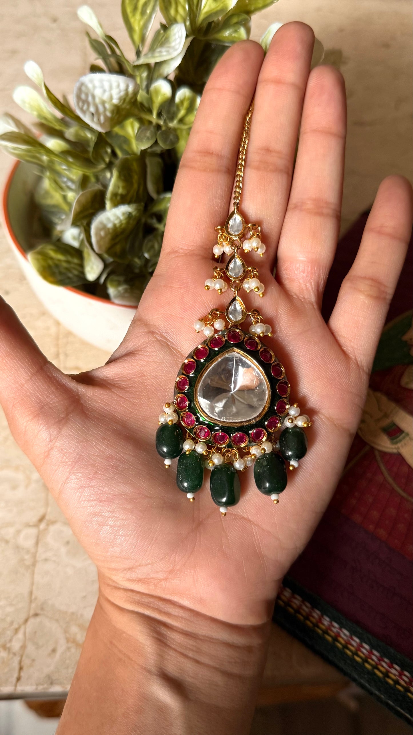 Emerald meenakari & ruby polki maangtika