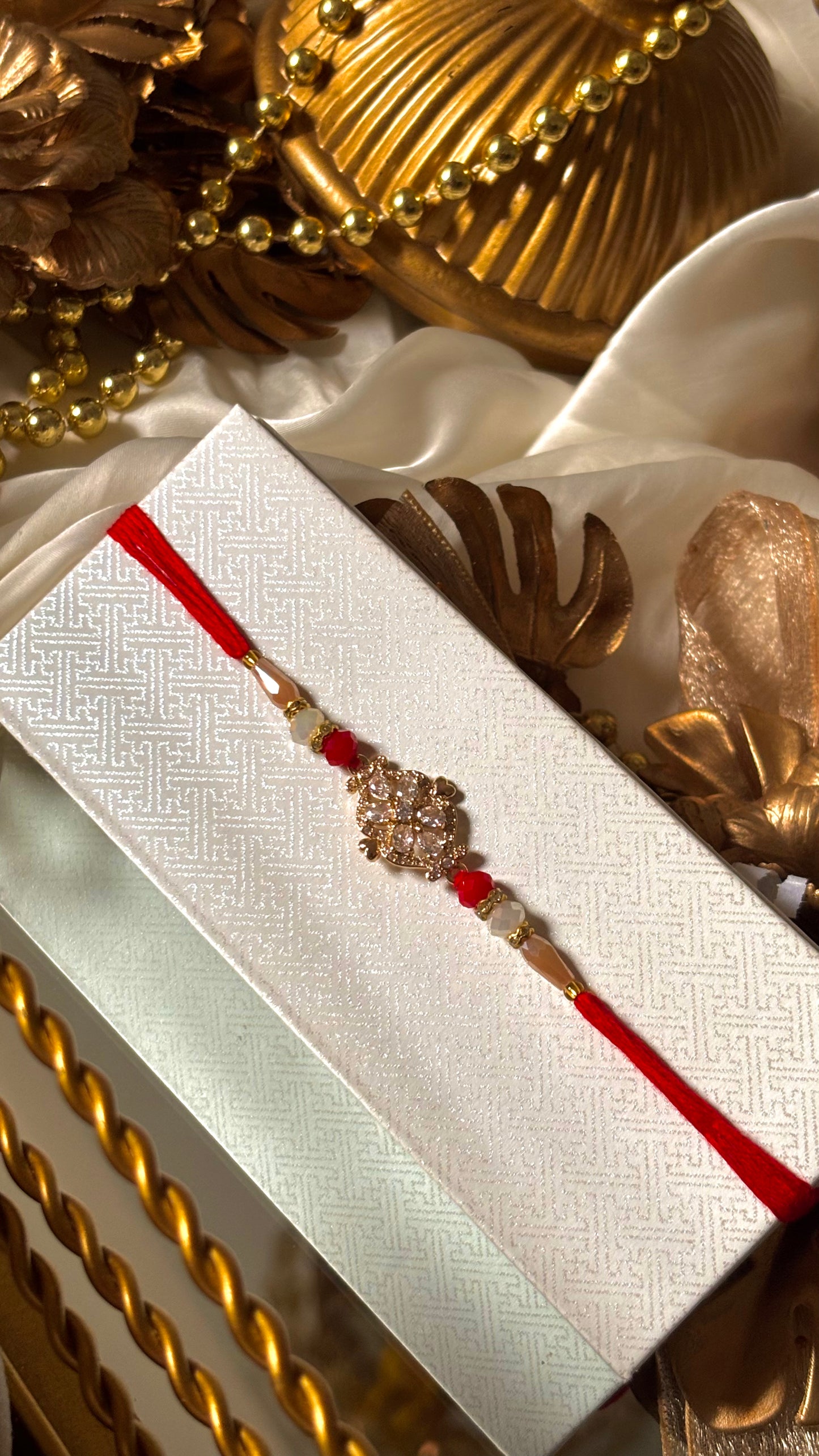Cz Diamond polki red thread rakhi ( shipping will be extra )