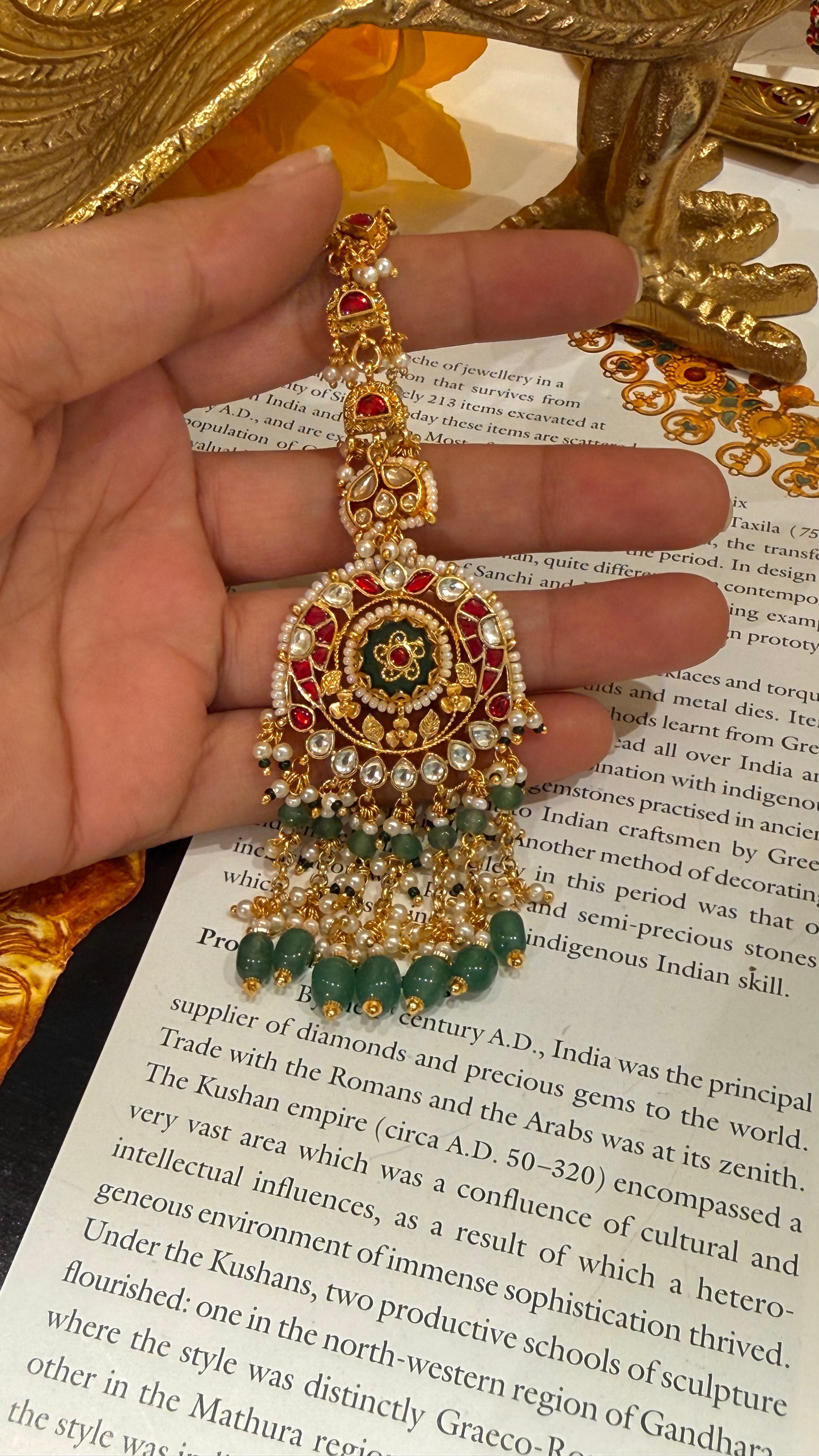 Emerald inlay heritage ruby & strawberry drops maangtika with earrings combo