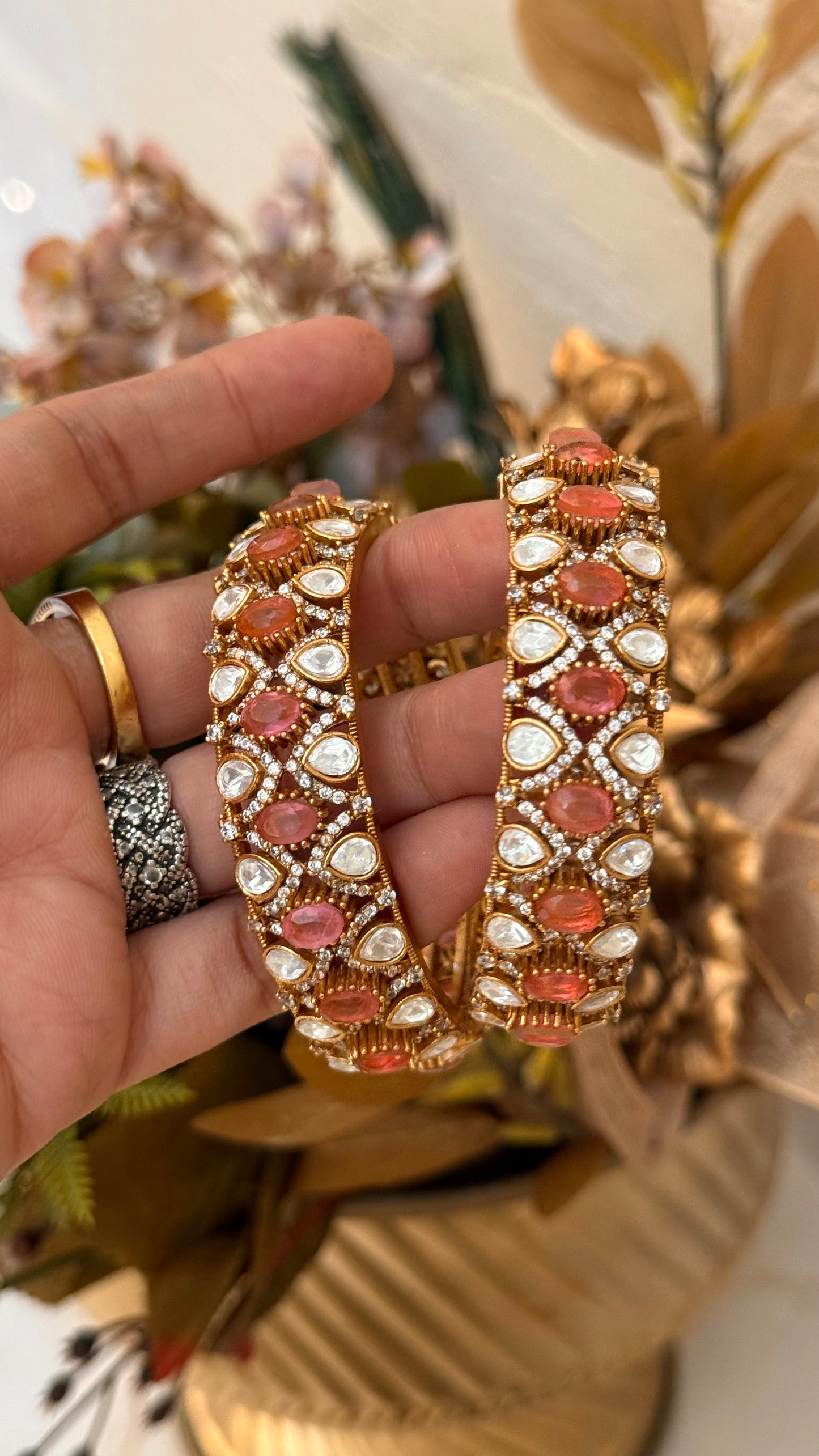 Rose Quartz Moissanite Victorian Bangles