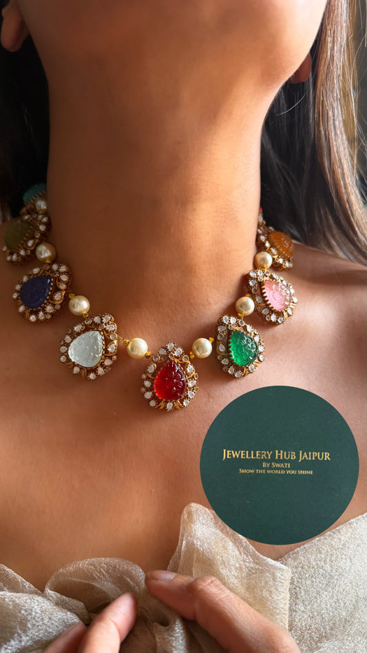 Engraved Navratna pearl necklace