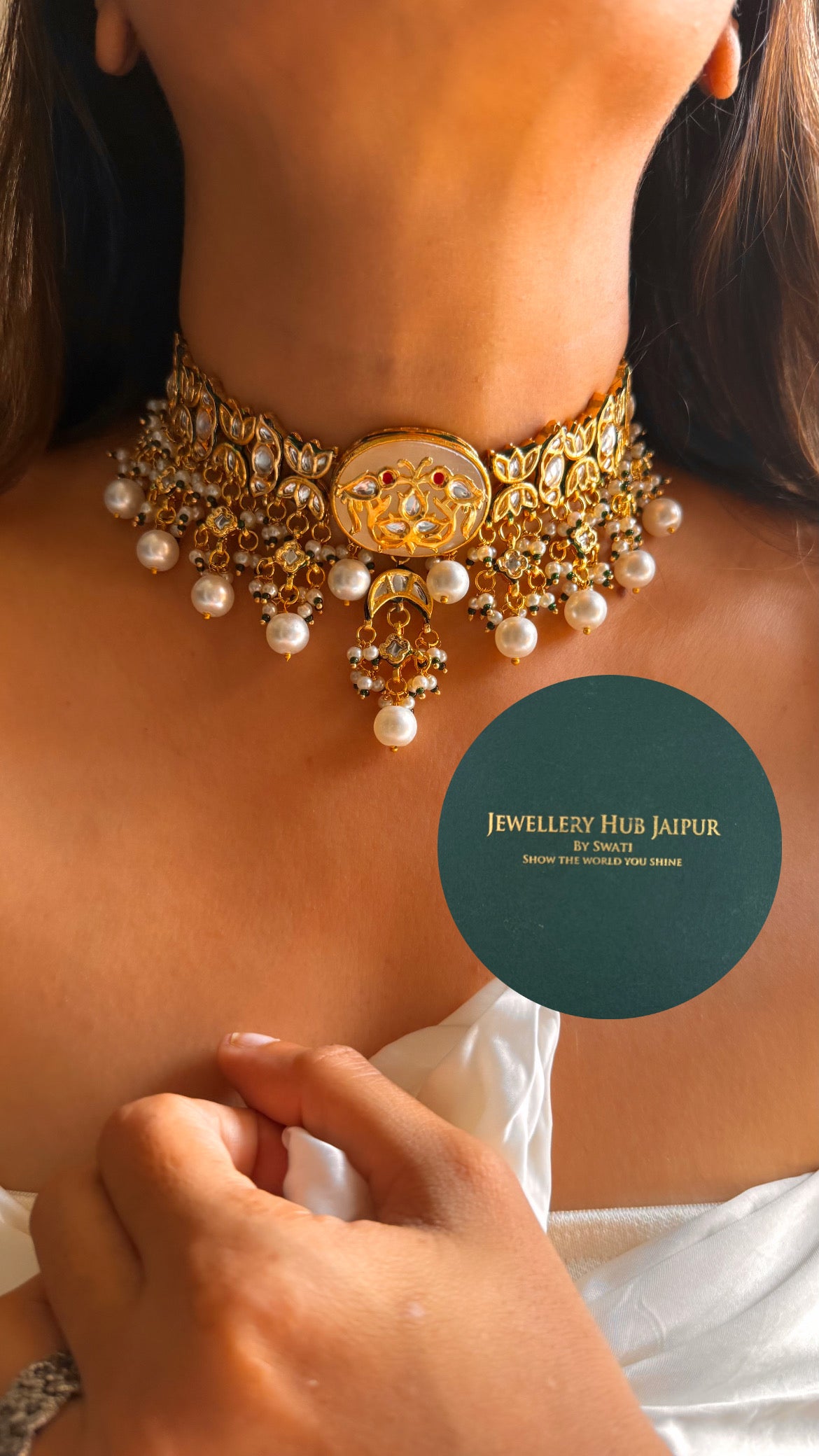 Rani pink inlay work & emerald meenakari paachi with pearl drop choker set