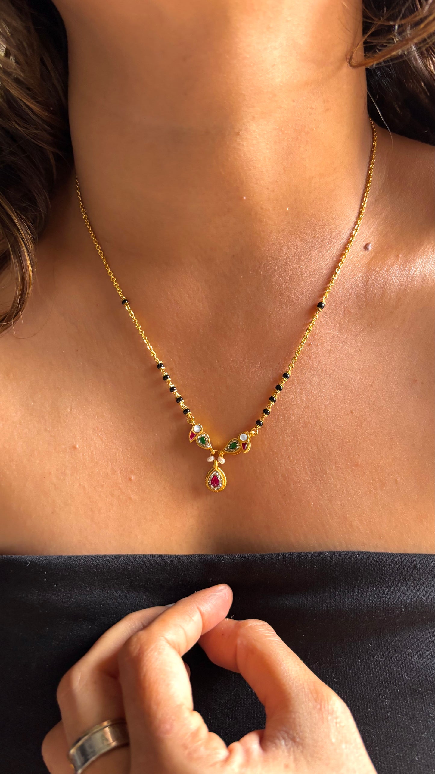 Granite Beaded Mangalsutra with Peacock Pendant & Raw pink stone