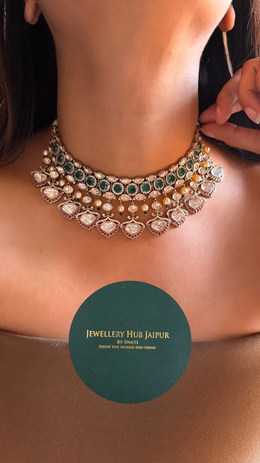 Emerald & Rani pink ruby with moissanite Necklace