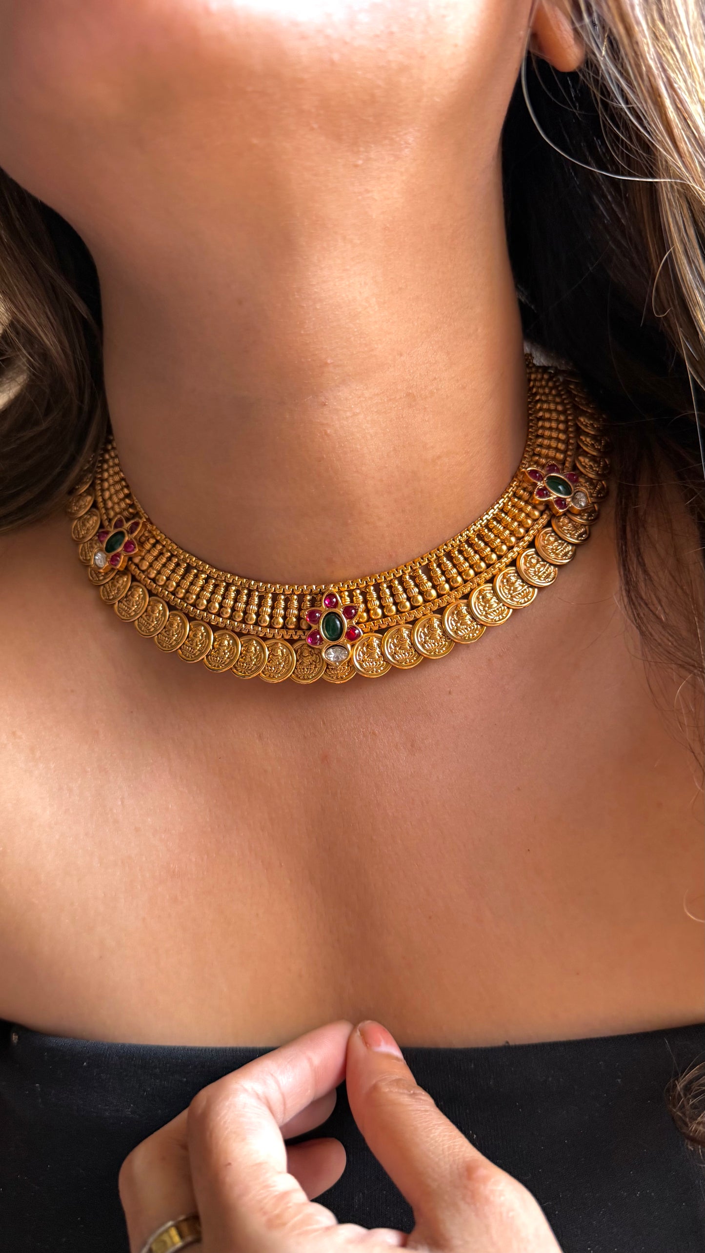 Mahalaxmi coin set with emerald detailing