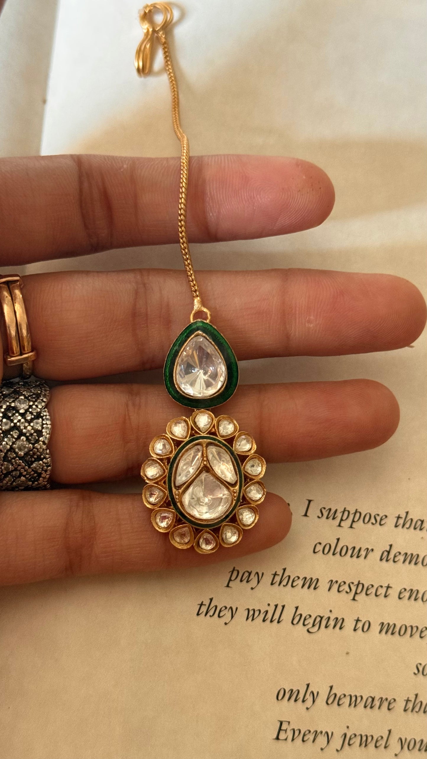 Emerald meenakari polki maangtika