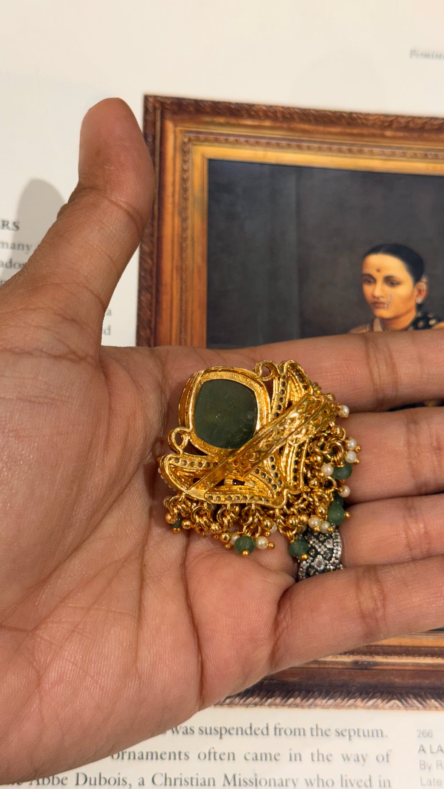 Emerald & Ruby floral Nakshi ring with mint drop detailing