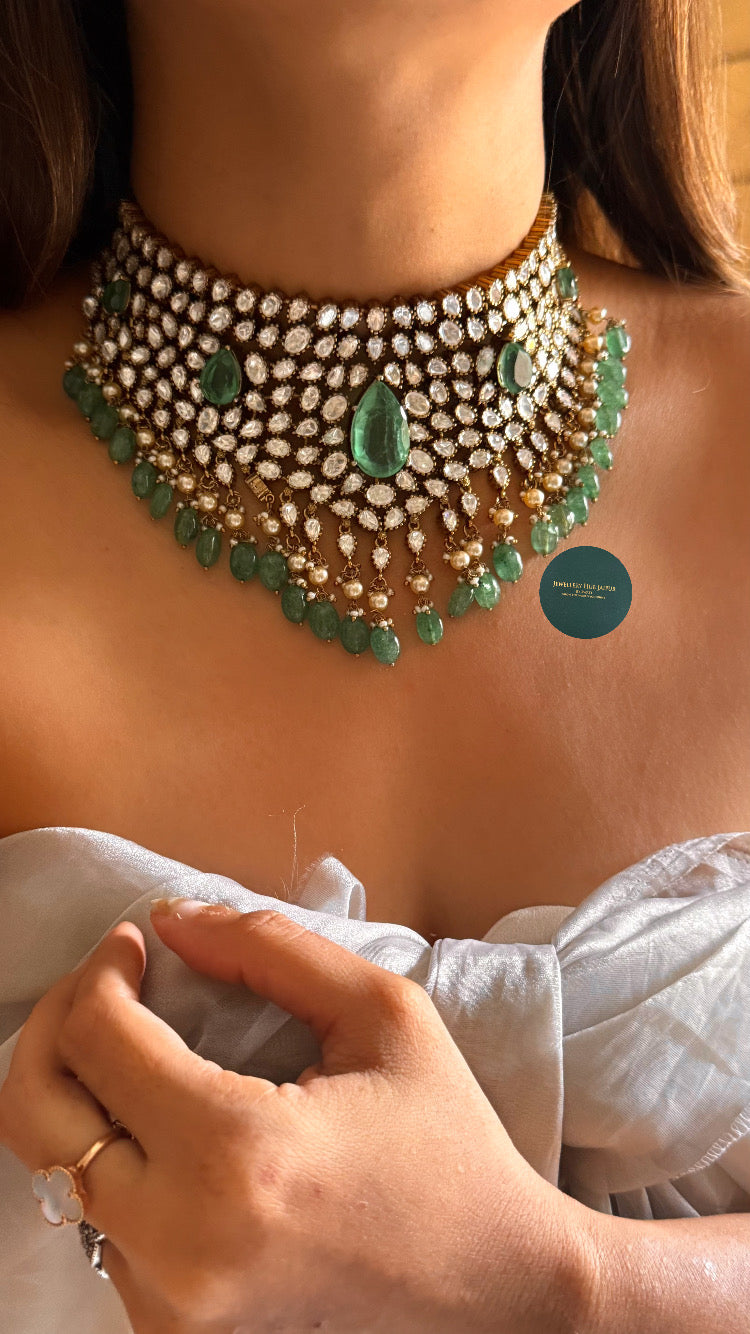 Sage green doublet moissanite polki Victorian choker set