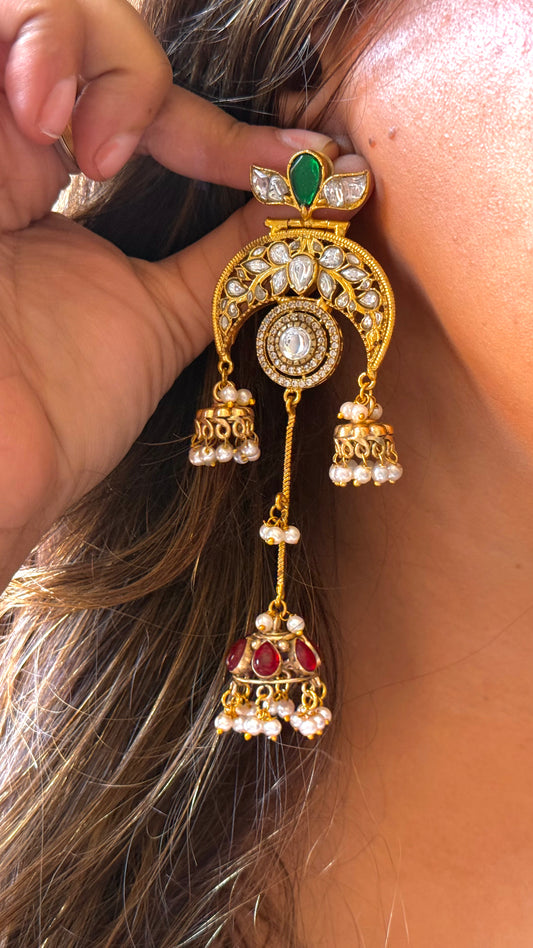 Amrapali inspired emerald ruby triple jhumki danglers