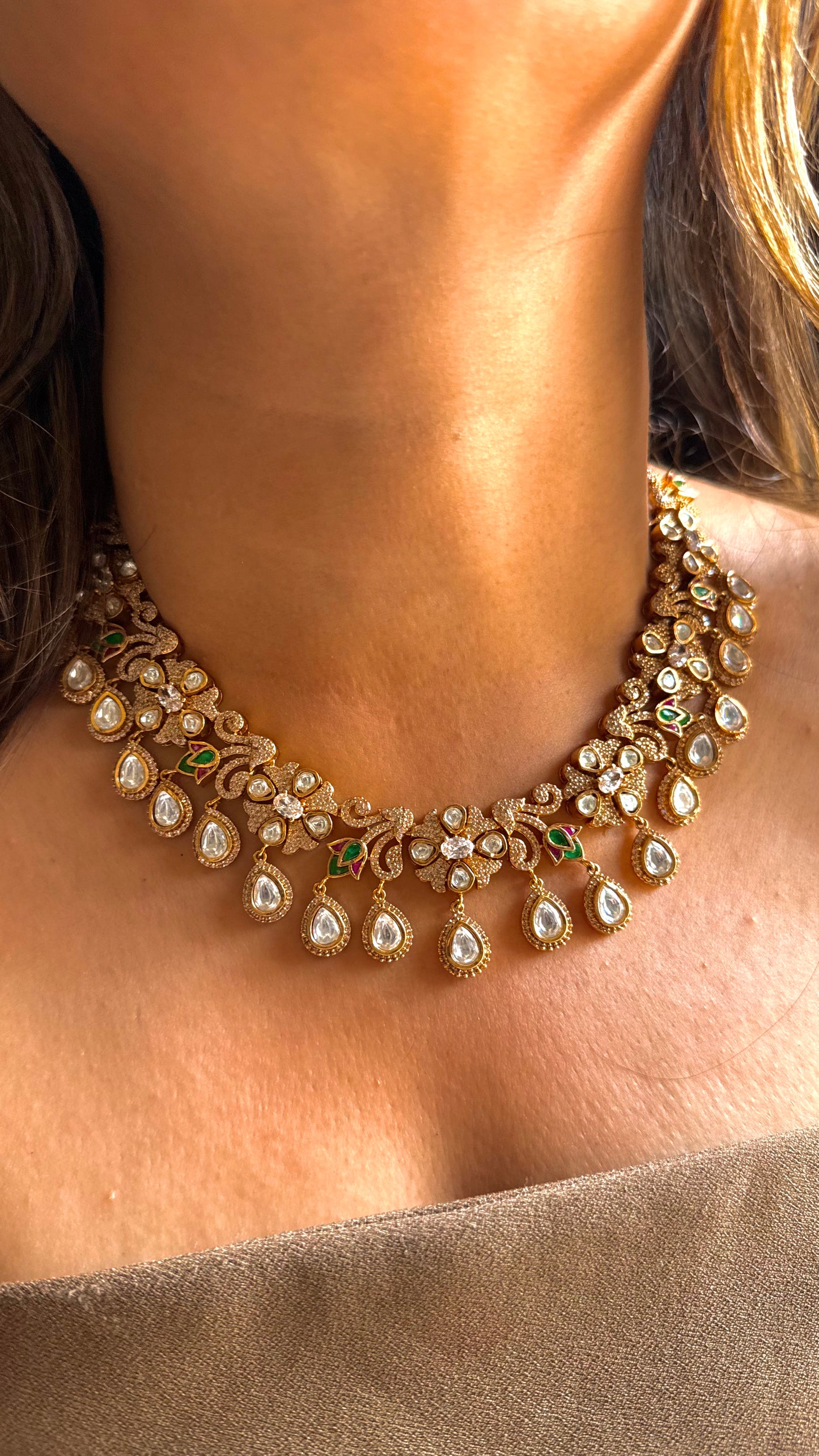 Emerald & Ruby polki drop collar necklace