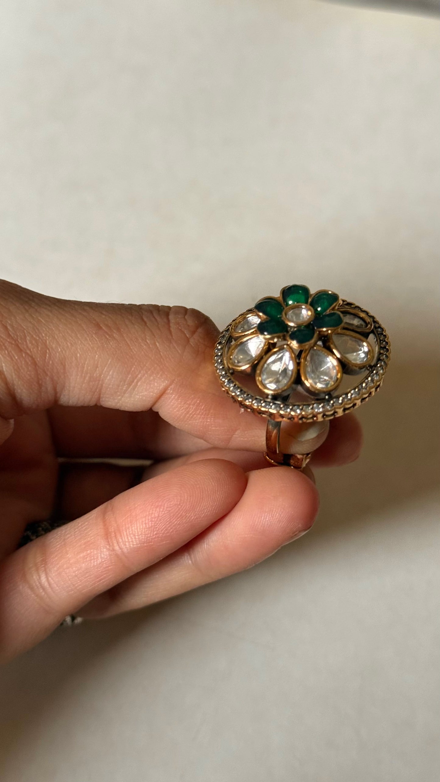 Emerald & moissanite floral adjustable ring