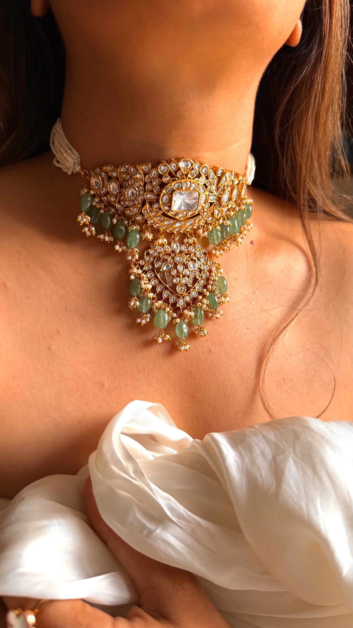 Rukmani Moissanite polki rajwada choker with mint drop