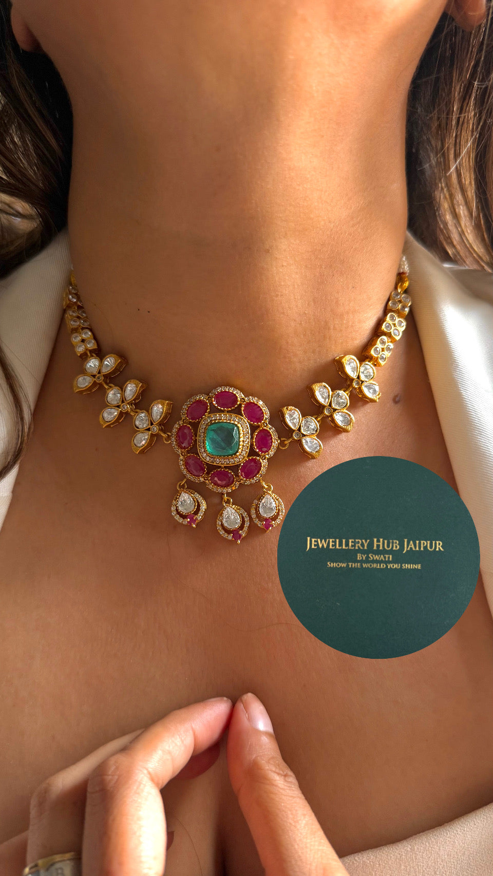 Floral designer mint & ruby statement necklace