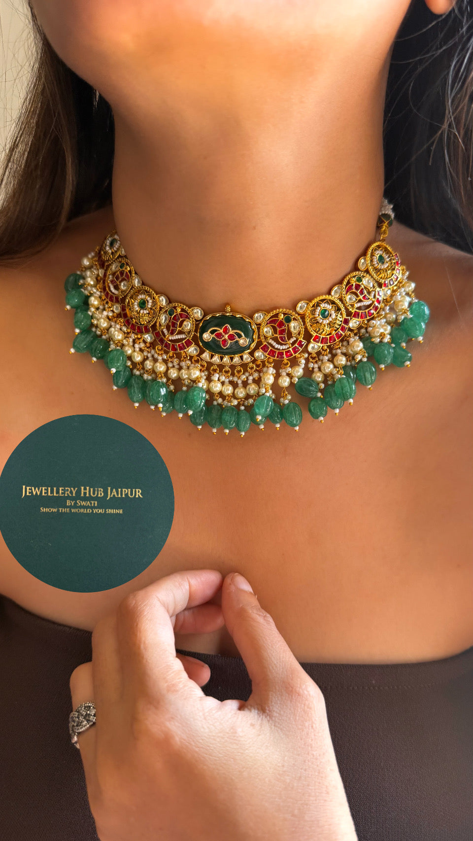 Emerald inlay work heritage necklace, set with Emerald detailing